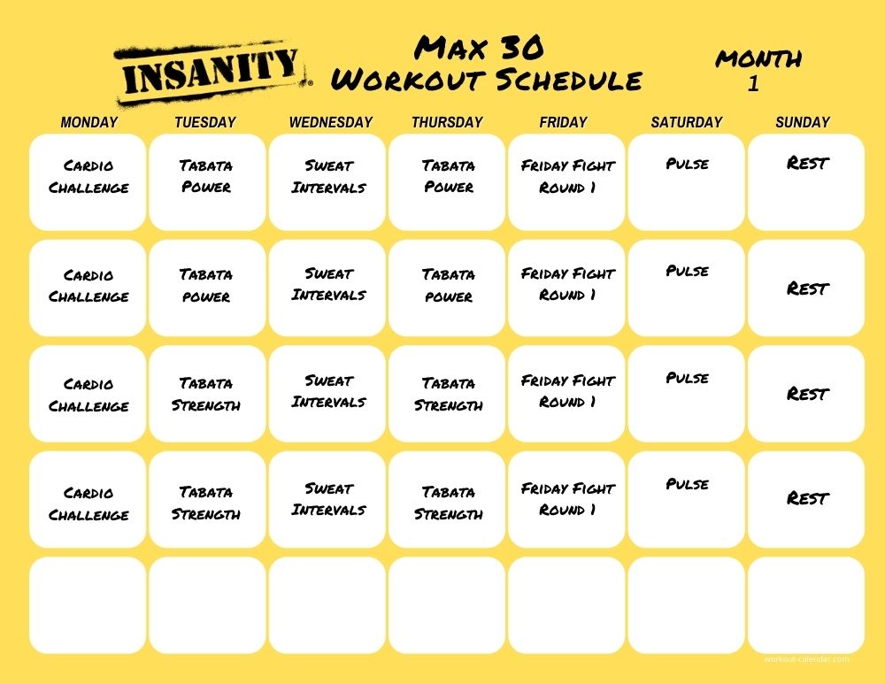 insanity max 30 print a workout calendar